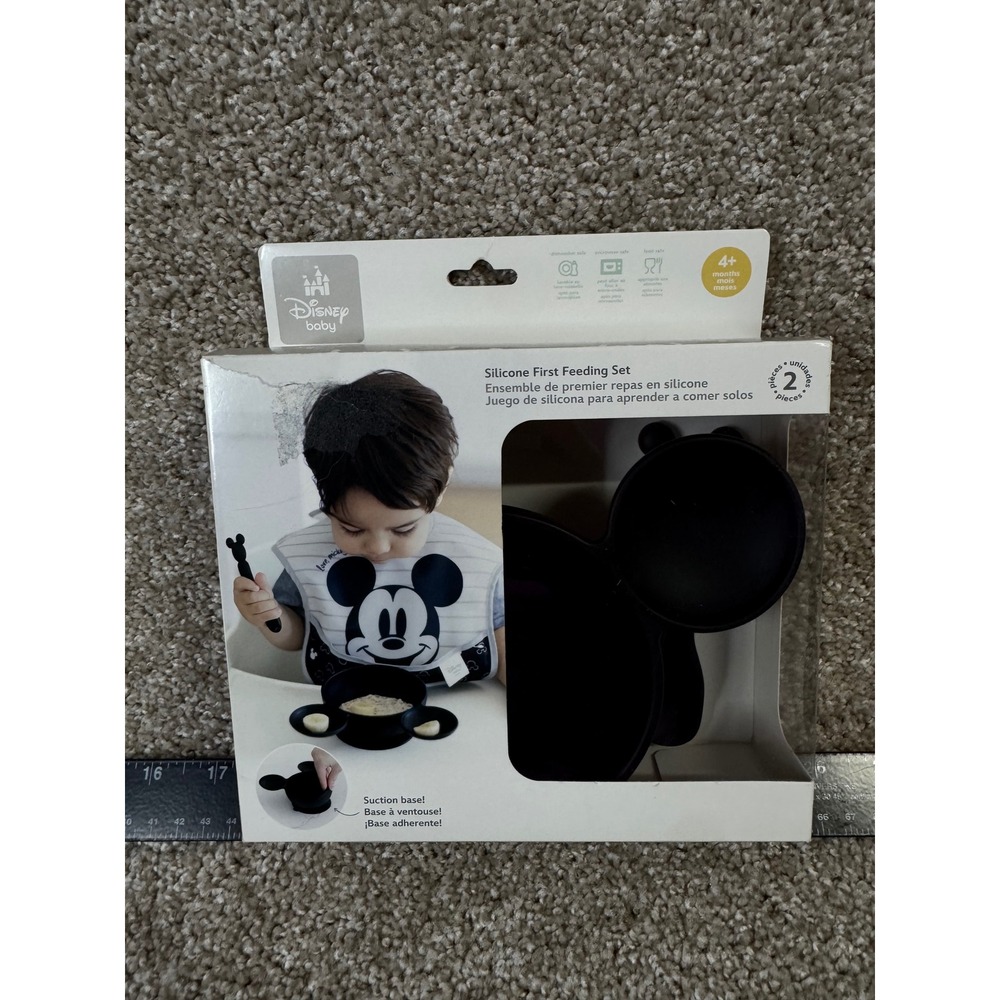Disney Baby Mickey Mouse Silicone First Feeding Set Black Suction Bowl Spoon NEW